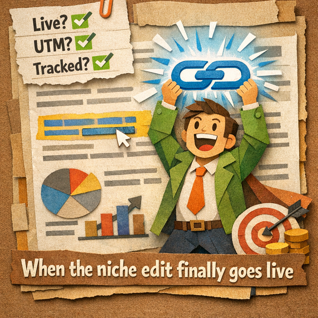 A Papercraft meme‑style illustration of a marketer triumphantly holding a glowing hyperlink that’s been inserted into an article, with a checklist of “Live? ✅”, “UTM? ✅”, “Tracked? ✅” above, captioned “When the niche edit finally goes live”. Alt: niche edits link building secured and optimized illustration.