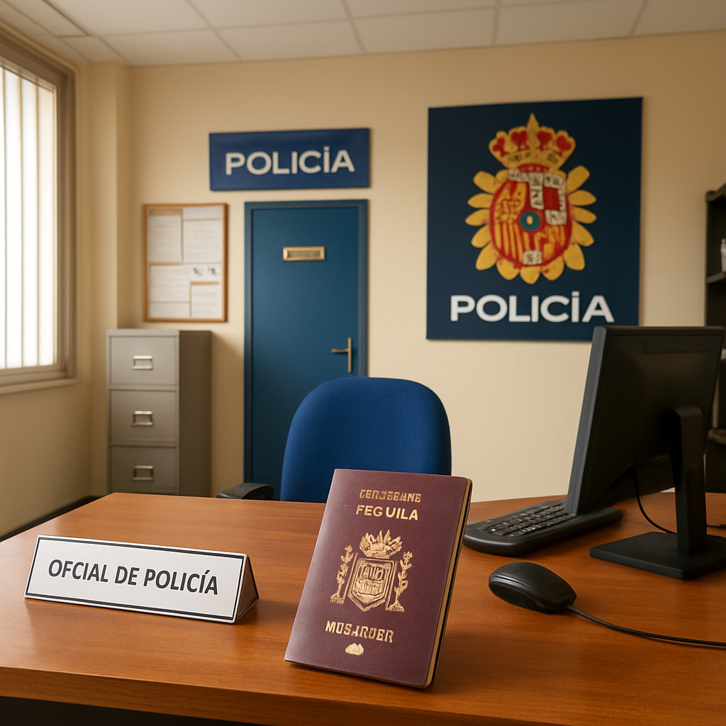 A friendly Spanish police station interior with a desk and passport, Alt: Verify eligibility for NIE number in Spain