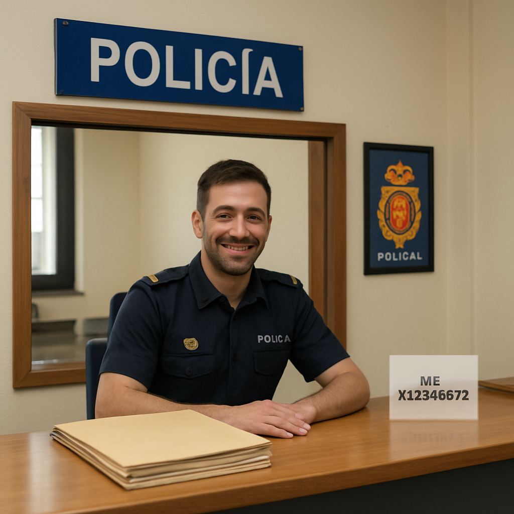 A friendly Spanish police station counter with a folder of documents and a small card displaying a NIE number. Alt: Collecting your NIE number in Spain, step-by-step guide.