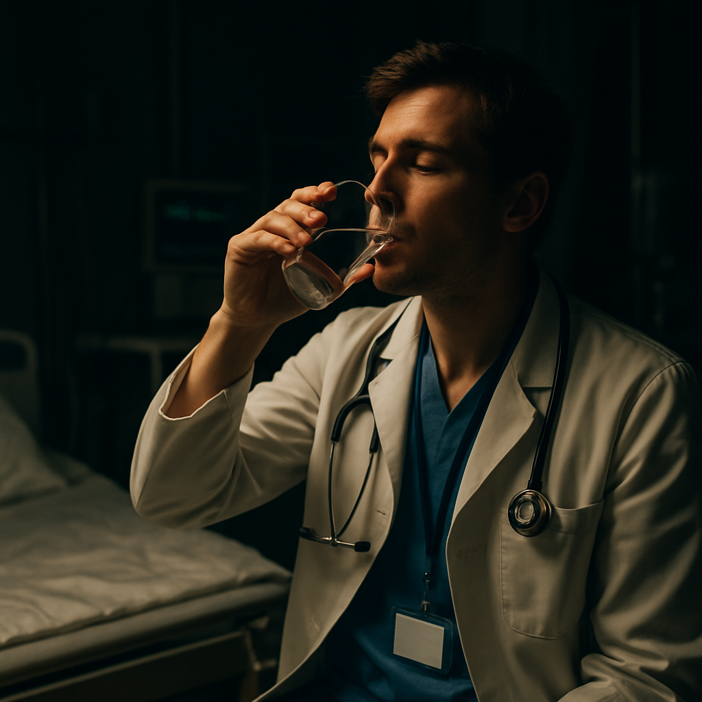 A medical professional sipping water beside a bedside, with a dim night‑shift environment, realistic medical setting, realistic lighting. Alt: Doctor hydrating during night shift