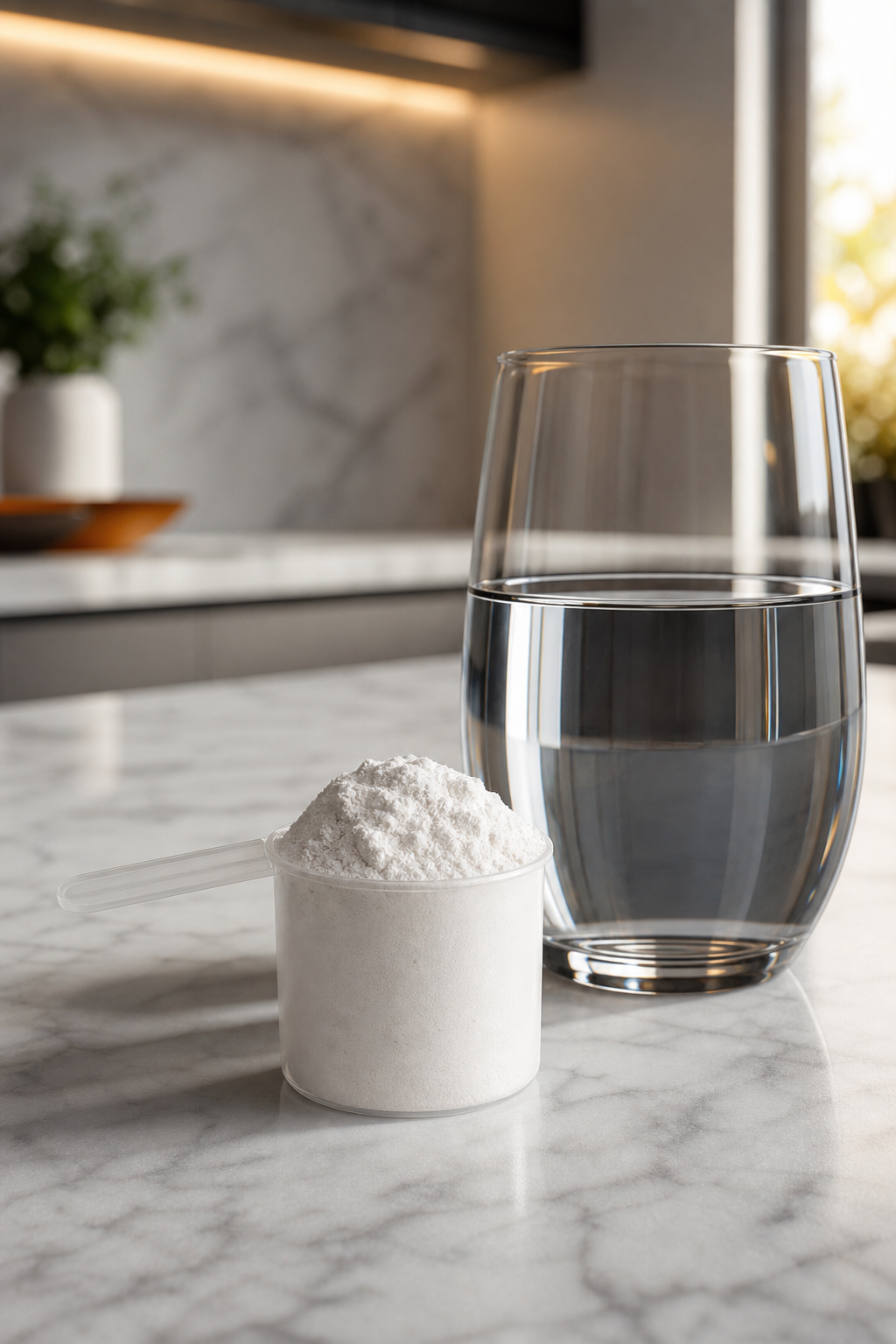 A scoop of white L-Citrulline powder next to a glass of water, with a clean kitchen background, representing purity and simplicity. Alt: L-Citrulline powder supplement for nitric oxide.