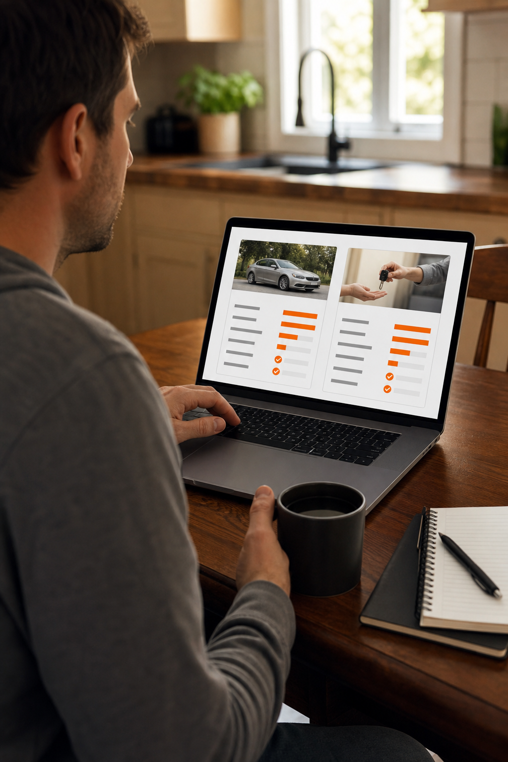 A photorealistic scene of a person using a laptop at a kitchen table, reviewing side-by-side loan offers on screen, warm indoor lighting, realistic home environment. Alt: person comparing no credit check car title loan offers on a laptop at home.