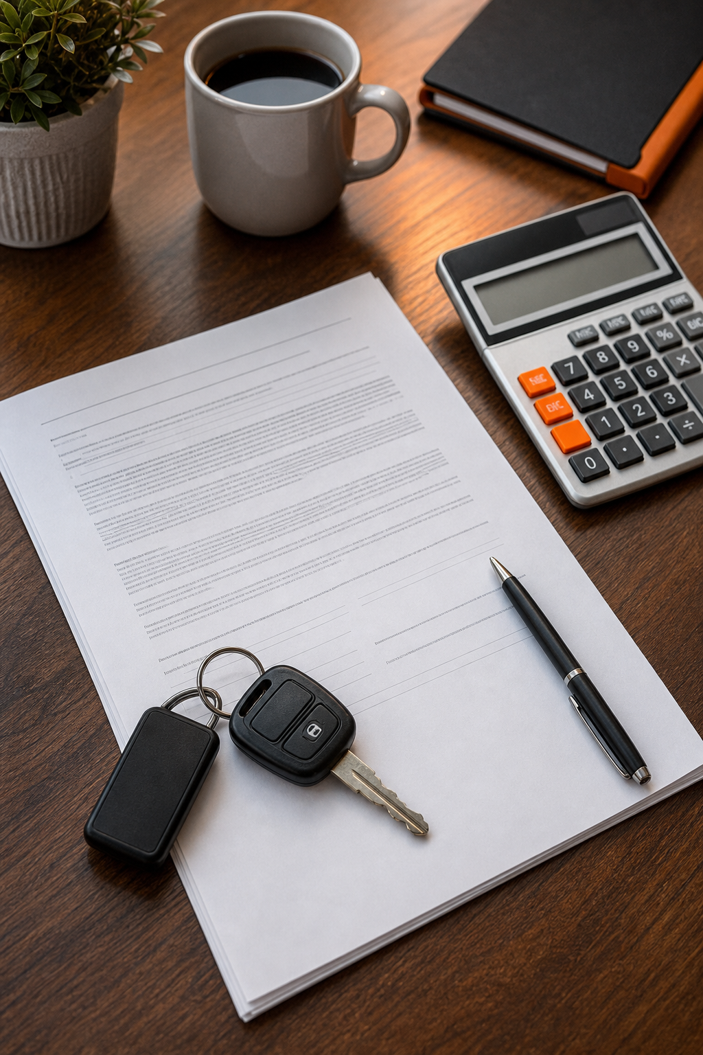 A photorealistic overhead shot of a wooden desk with a printed loan agreement, a calculator, and a pen beside a set of car keys , warm ambient lighting, realistic office or home setting. Alt: true cost breakdown of a no credit check car title loan with loan documents and car keys on desk.