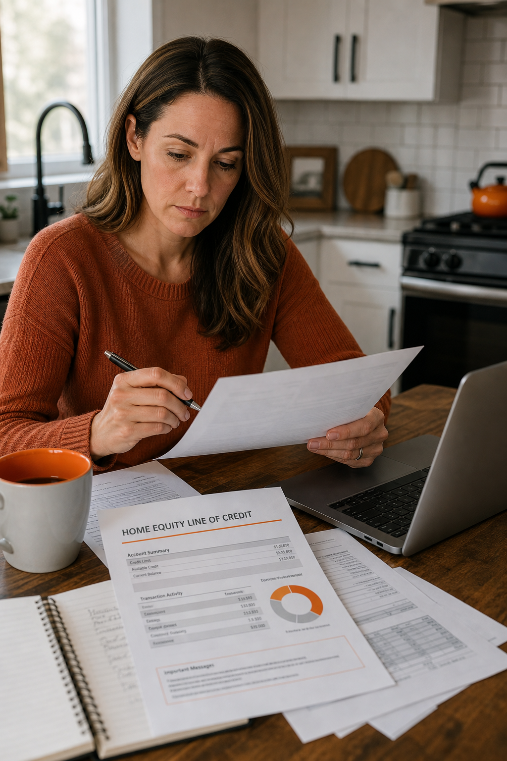 A realistic image of a homeowner reviewing financial documents at a kitchen table with a laptop and a cup of coffee, with a soft focus on a home equity line of credit statement. Alt: Home equity line of credit for HVAC financing