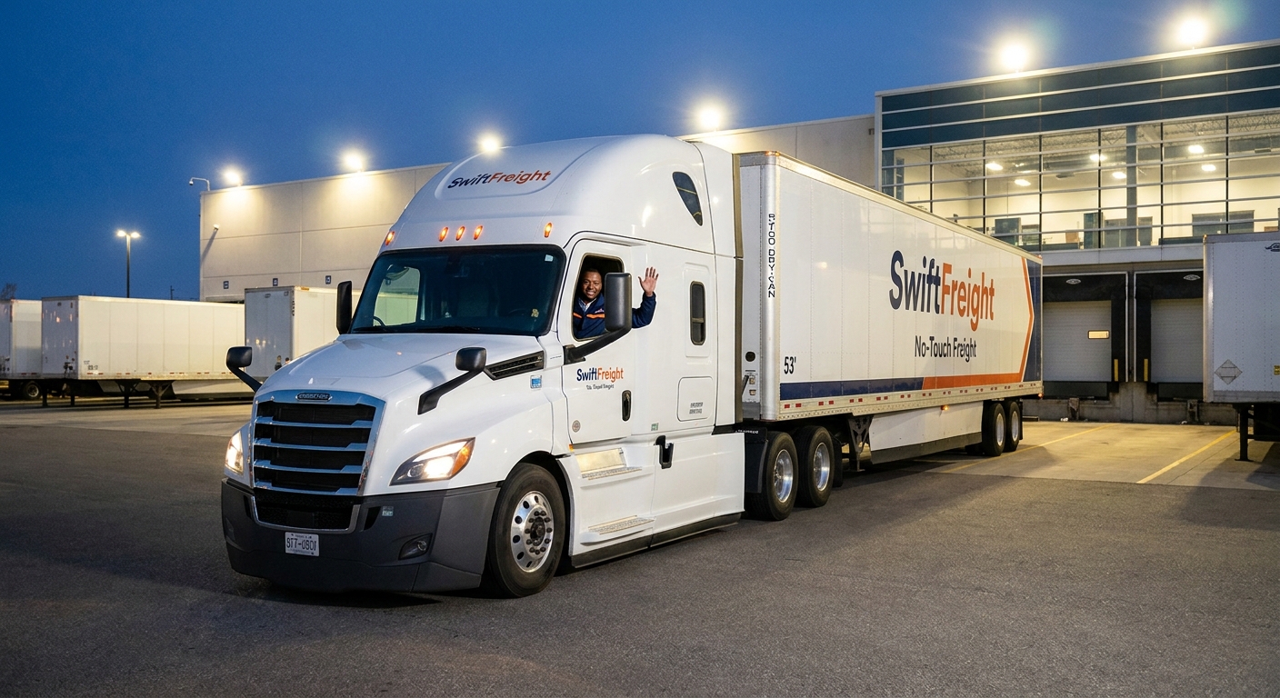 A realistic photo of a modern 53‑ft dry‑van truck pulling into a well‑lit terminal, with a driver in a clean uniform waving, alt: SwiftFreight no‑touch freight truck at terminal