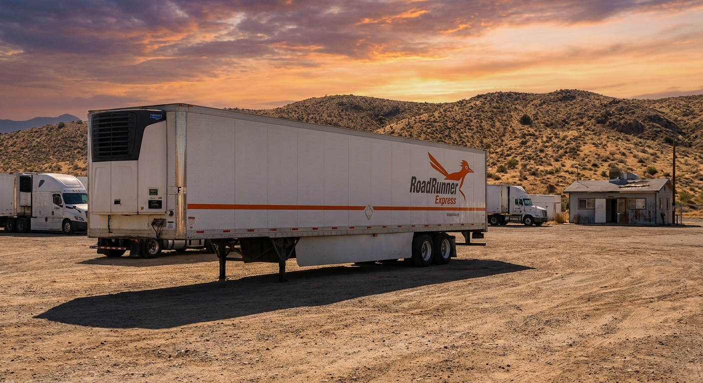 A realistic scene of a RoadRunner Express refrigerated trailer parked at a desert terminal with a sunset backdrop, alt: RoadRunner Express regional no‑touch freight truck in Southwest