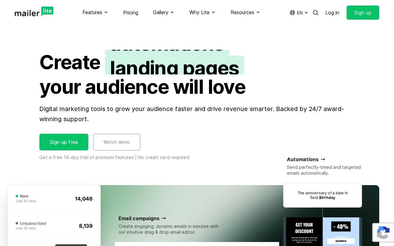 MailerLite: visual reference for 4. MailerLite &mdash; Affordable Automation with Landing Pages & Pop‑Ups