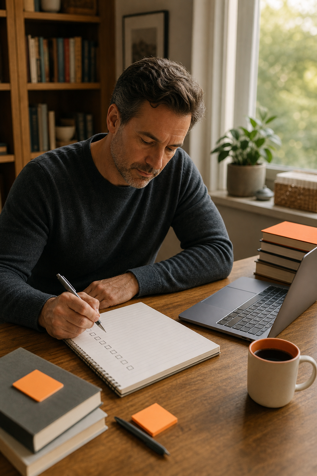 A nonfiction author sitting at a wooden desk reviewing a book launch checklist on a notebook, with a laptop and coffee cup nearby, natural window light, warm tones, realism style. Alt: non-fiction author planning a book pre-order strategy at their desk.