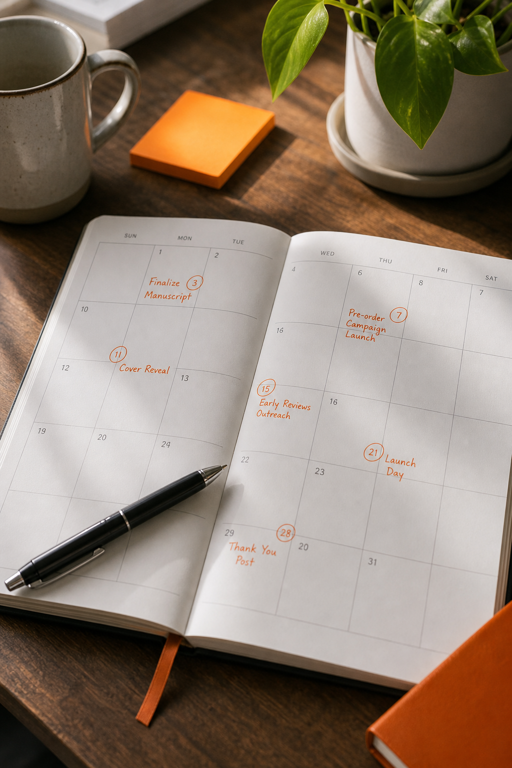 A calendar spread open on a table with key launch dates marked in orange ink, a pen resting across it, natural light from the side, realism style. Alt: book launch timeline calendar for non-fiction pre-order planning.
