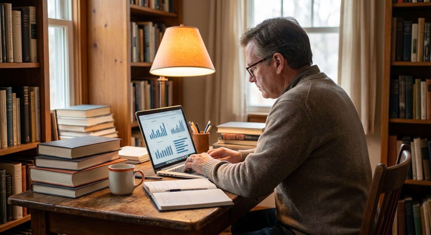 A focused non-fiction author working at a wooden desk surrounded by books, a laptop showing analytics, and a warm orange-lit study environment. Realistic editorial photography style. Alt: non-fiction author using book promotion training service at desk.