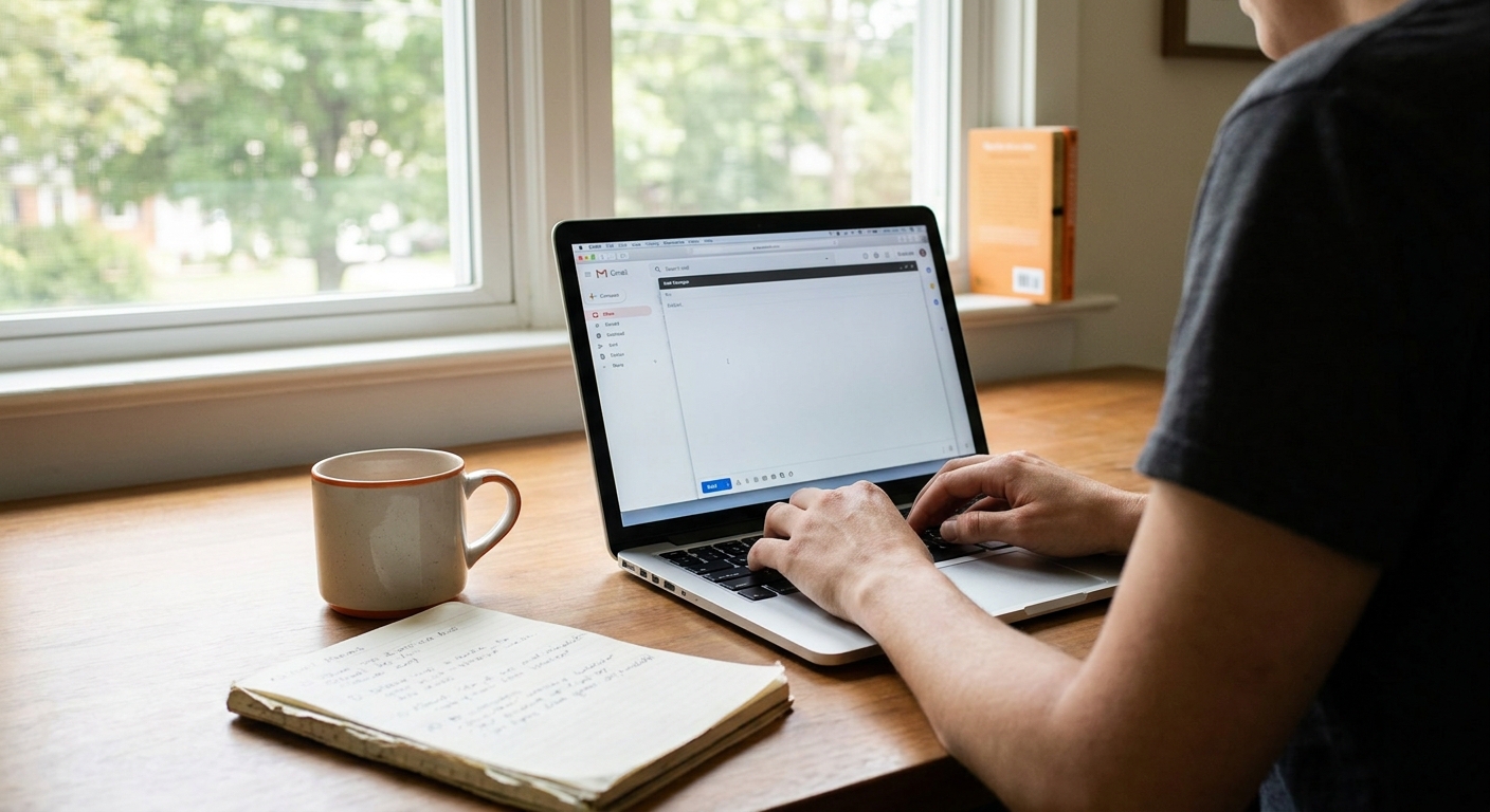 A non-fiction writer drafting an email newsletter on a laptop at a bright home office desk, with a coffee mug and notebook nearby. Natural window light, realistic editorial photography. Alt: author building email newsletter list for book promotion.