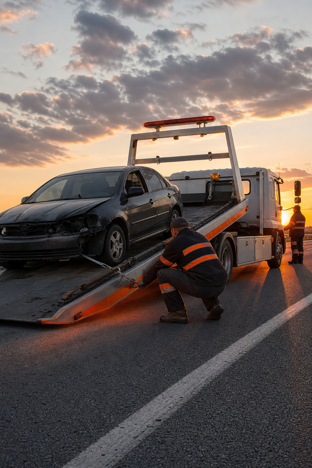 A photorealistic scene of a large transport truck loading a dead car with a winch, sunrise over a highway, detailed equipment and crew, alt=