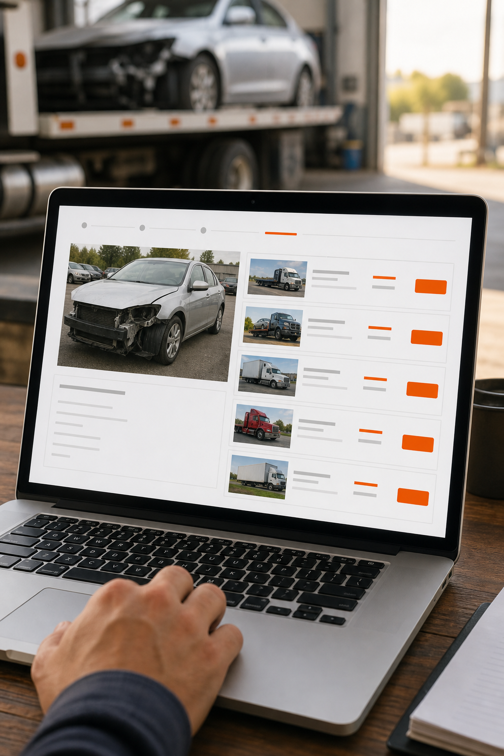 A photorealistic illustration of a digital marketplace screen showing bids from multiple truckers for a dead car, alt=