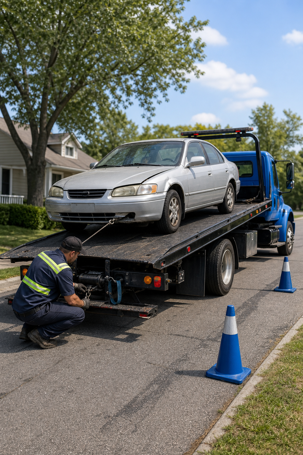 A wide-angle realism photo of a professional car hauler truck securing a non-running silver sedan with a heavy-duty winch on an open transport trailer, parked on a residential street in daylight, with a driver in work gear inspecting the tie-down straps. Brand color blue (#4981CA) accent visible on safety cones nearby. Alt: non running vehicle transport service loading inoperable car onto open trailer.