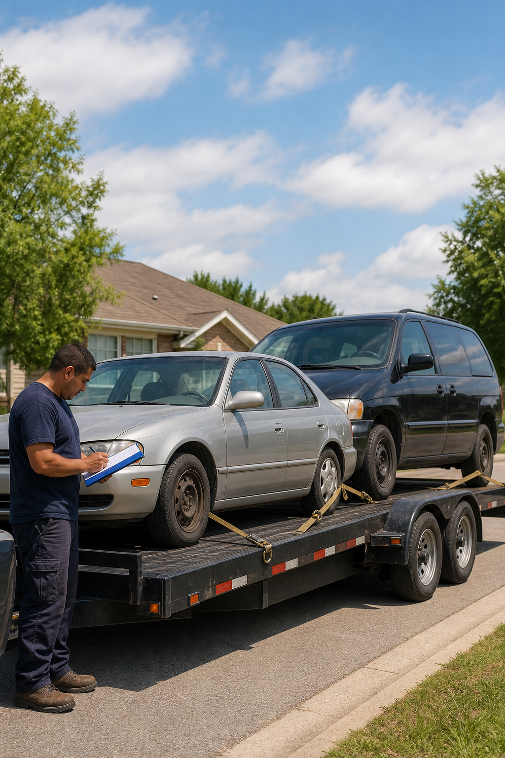 A realism photo of a compact open car hauler with two non-running vehicles secured by heavy-duty ratchet straps, parked at a suburban pickup location on a sunny afternoon. A transport driver reviews paperwork near the vehicle. Brand color blue (#4981CA) used as accent on clipboard cover. Alt: budget inoperable car transport carrier securing vehicle on open hauler.