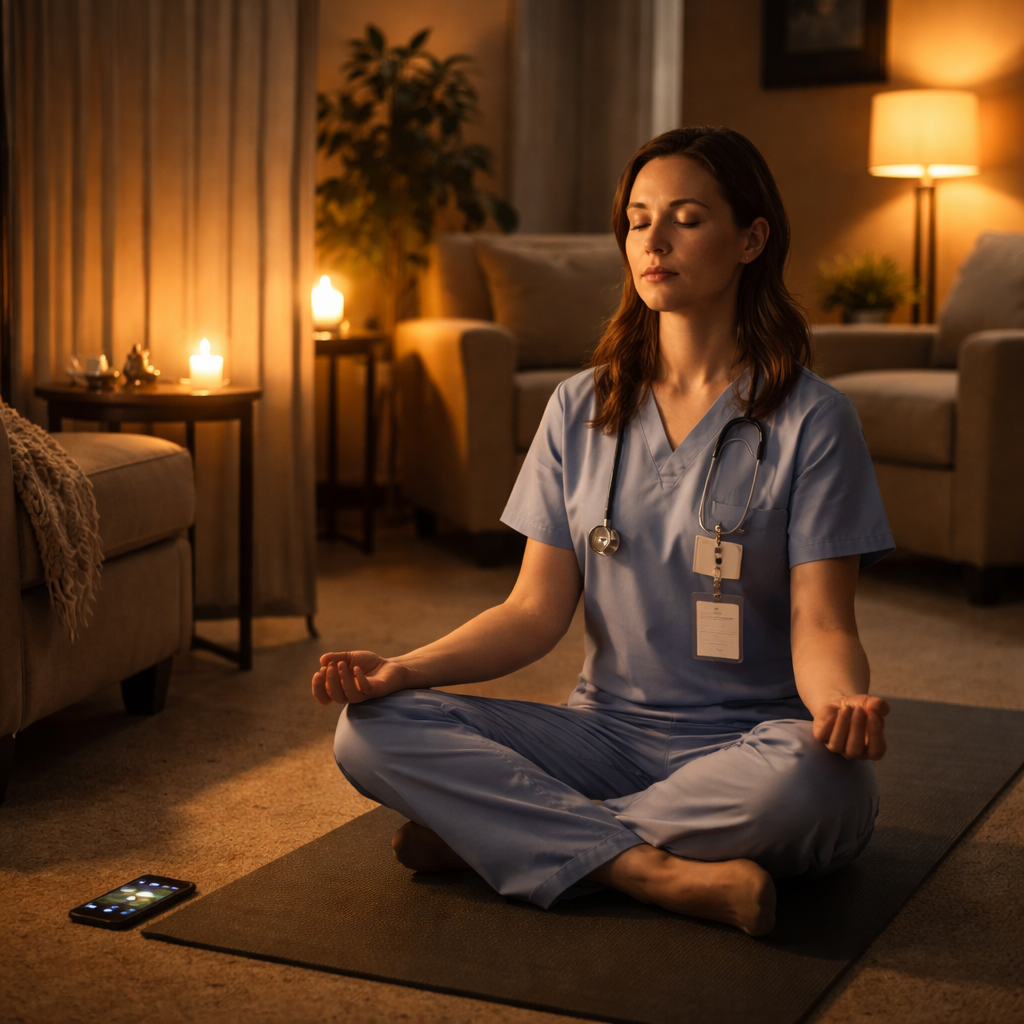 A cinematic, photorealistic scene of a hospital staff lounge transformed into a calm retreat – dimmed warm lighting, a comfortable chair, a yoga mat, a small privacy screen, and a clinician sitting peacefully with eyes closed, a timer glowing on a phone, soft shadows creating depth and a sense of quiet focus. Alt: Clinician practicing non‑sleep deep rest protocol in a serene hospital lounge.