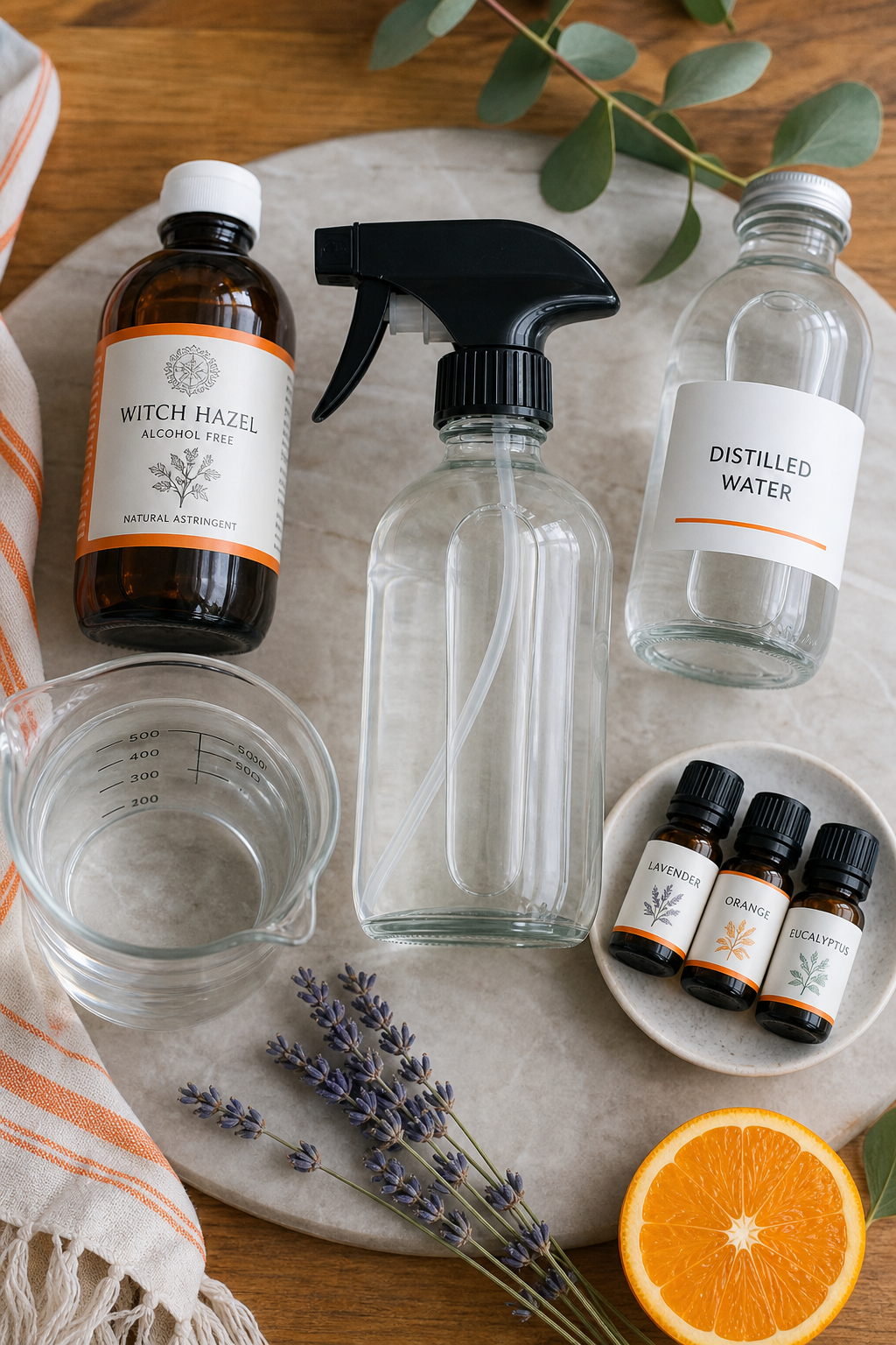 A photorealistic top-down view of a glass spray bottle surrounded by ingredients: a small bottle of witch hazel, distilled water, and a few drops of essential oils on a wooden kitchen counter. Alt: Ingredients for non toxic room spray including witch hazel and distilled water.