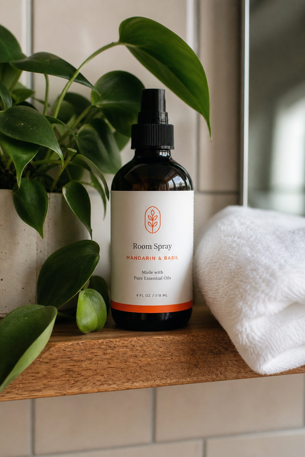 A photorealistic shot of a dark glass spray bottle with a label, sitting on a bathroom shelf next to a small plant and a white towel. Alt: Storing non toxic room spray in a dark glass bottle on a bathroom shelf.
