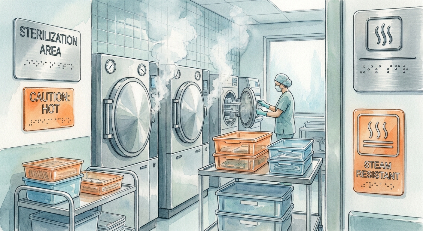 Watercolor illustration of a hospital sterilization room with raised‑text Braille signs on walls and equipment, showing metallic and polymeric materials resisting steam, Alt: señalética Braille resistente a vapor y químicos