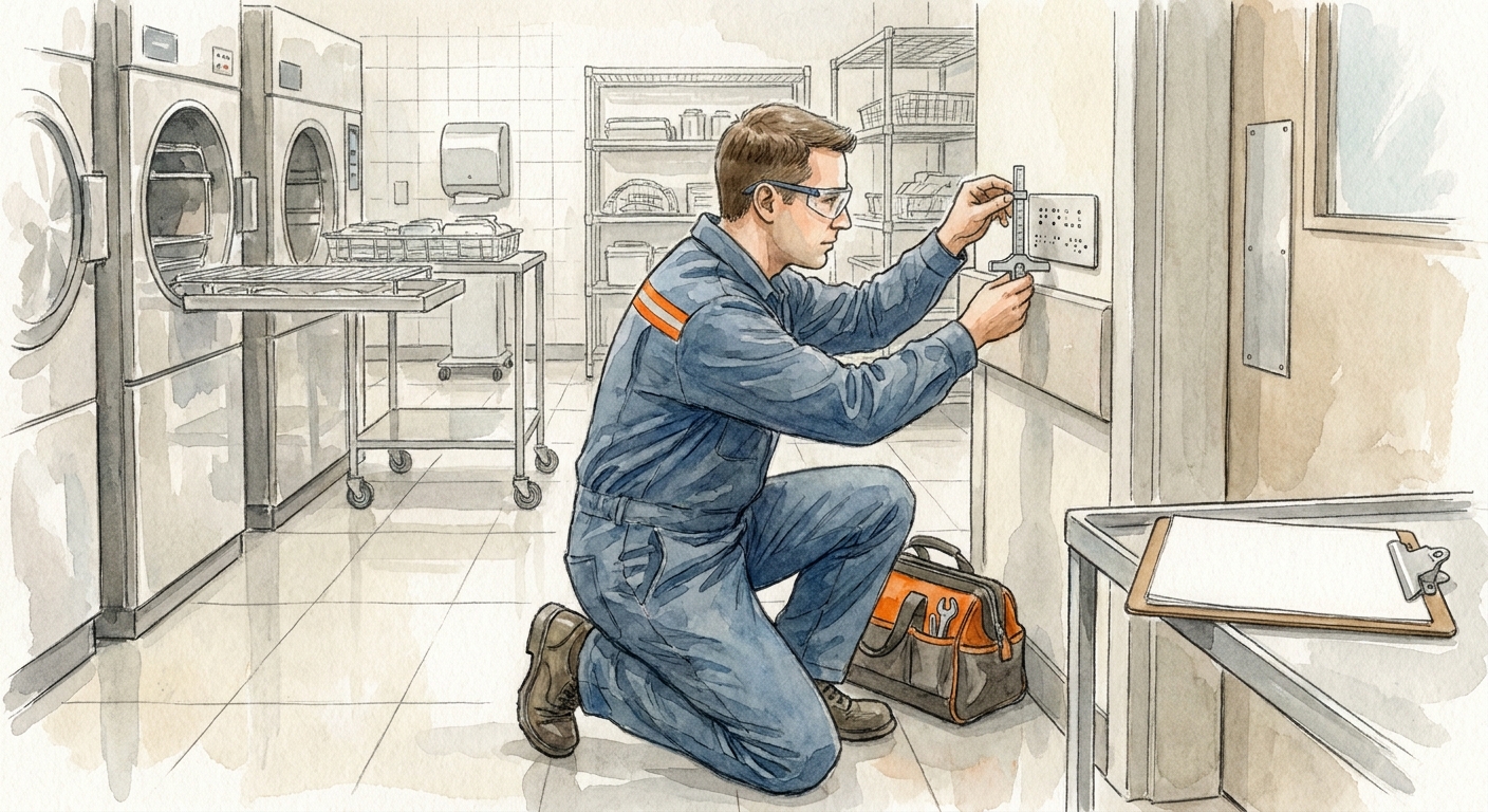 Watercolor scene of a maintenance technician checking Braille signs with a depth gauge in a hospital sterilization area, Alt: mantenimiento de señalética Braille en esterilización