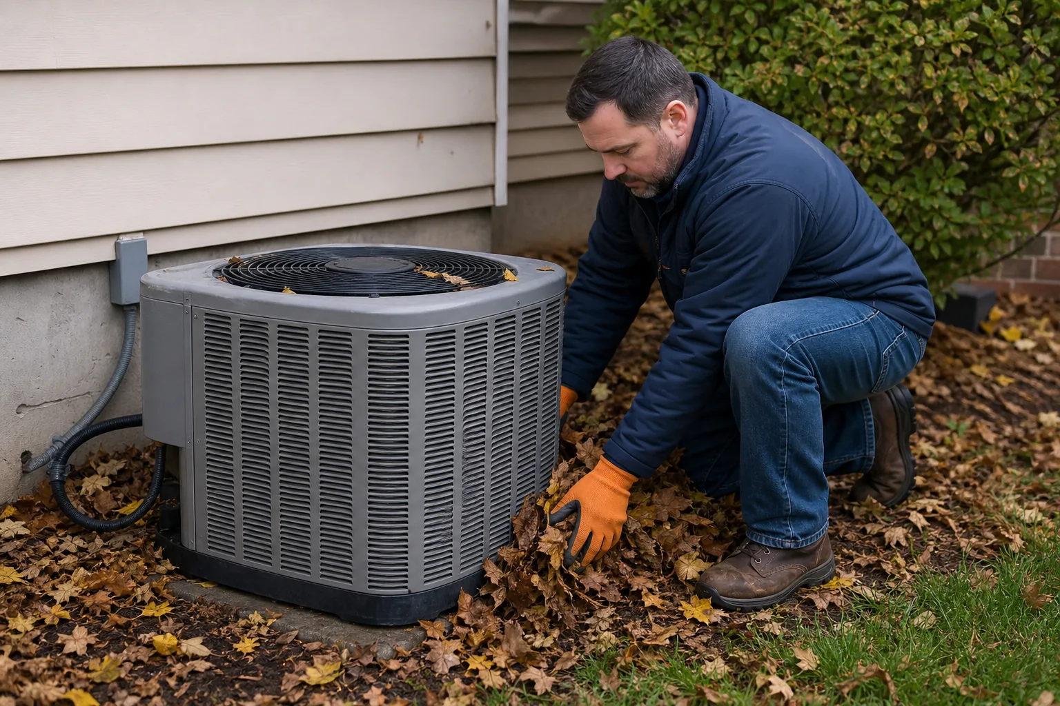 removing leaves and debris around an AC condenser safely