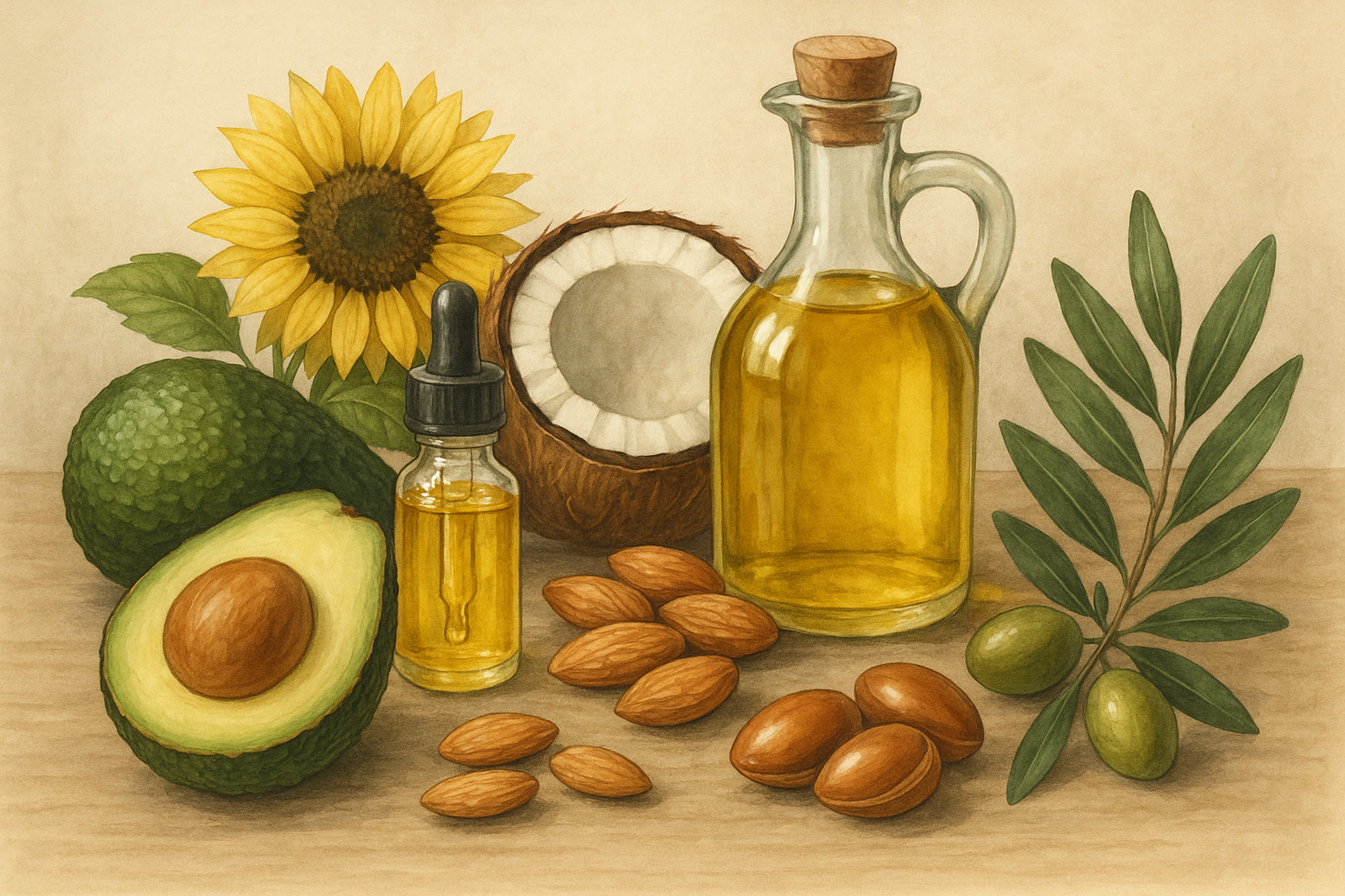 An illustration of various plant-based ingredients used in vegan hair oils. Alt: Ingredients in vegan hair oils