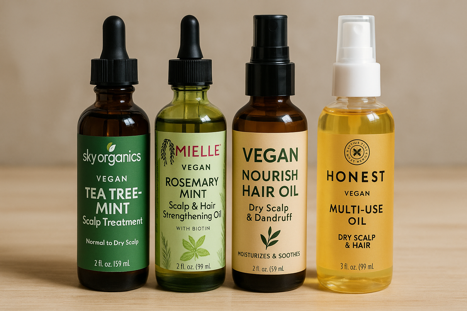 A collection of vegan hair oil products. Alt: Best vegan hair oils for dry scalp and dandruff