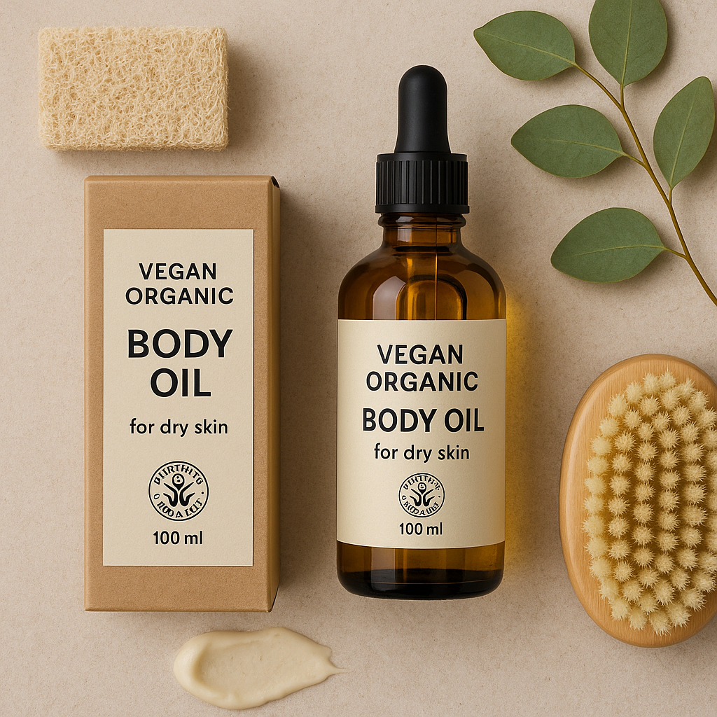 A flat lay of vegan organic body oils, gentle dry skin textures and eco-friendly packaging. Alt: COSMOS certified vegan organic body oil for dry skin UK in sustainable packaging.