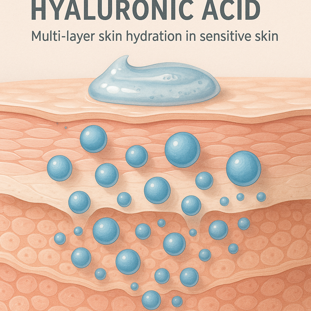 Visual comparison of hyaluronic acid molecule sizes illustrating multi-layer skin hydration in sensitive skin. Alt: organic hyaluronic acid serum layering for deep hydration in sensitive skin.