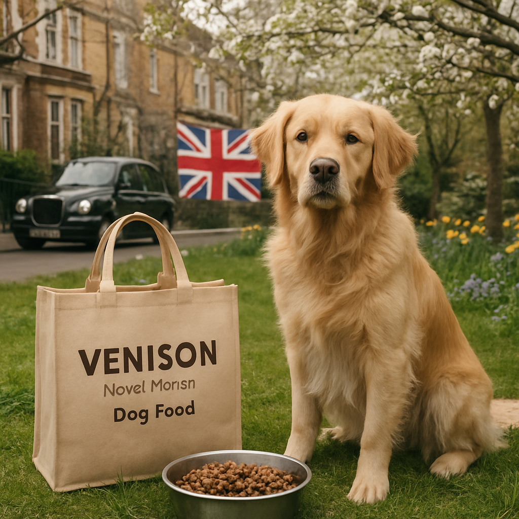 A photorealistic scene of a British garden in early spring, a golden retriever sitting beside a bowl of venison‑based dog food, with a reusable tote bag and a UK flag subtly visible in the background. Alt: Novel protein dog food UK – venison kibble for sensitive stomachs.