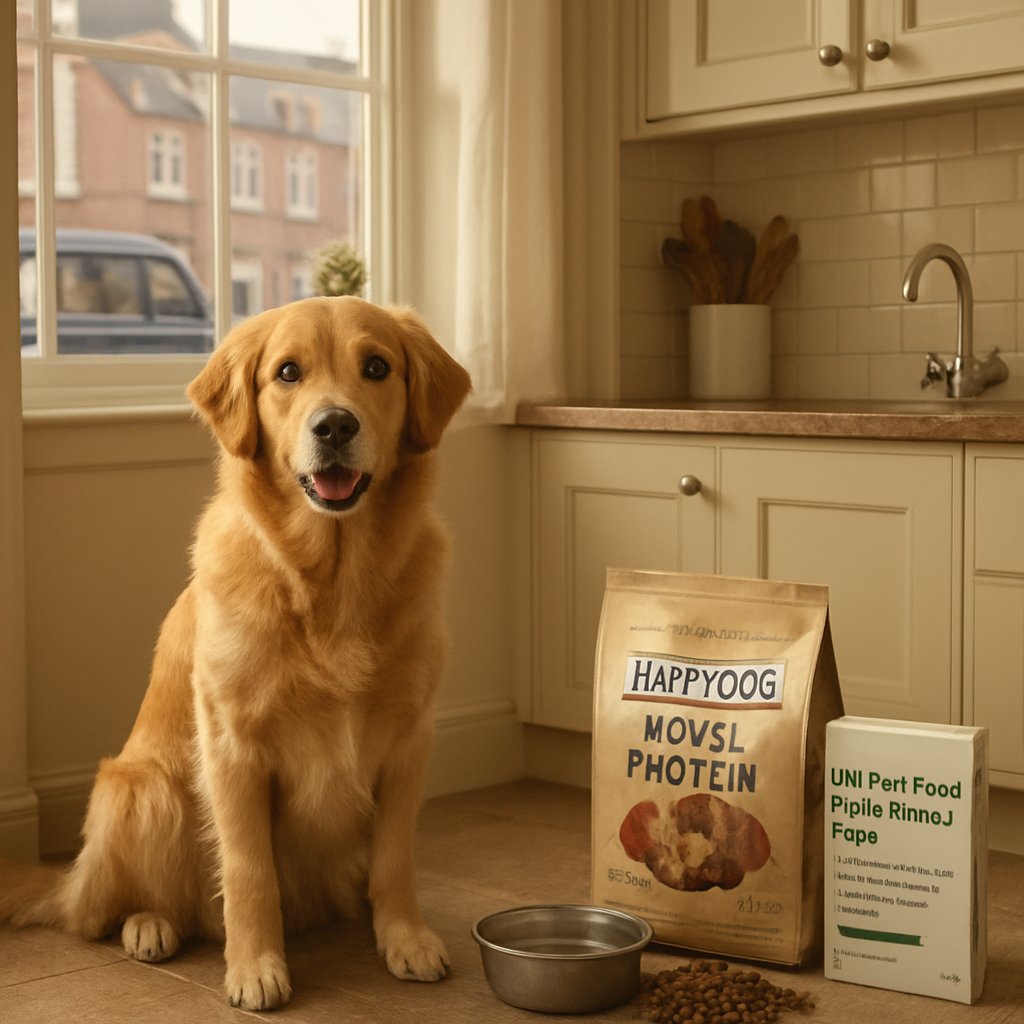 A photorealistic scene of a British family kitchen in the late afternoon, a golden‑retriever sitting beside an open bag of Happy Dog novel protein kibble, a bowl of fresh water, and a UK Pet Food Intolerance test kit on the countertop, soft natural light through a sash window. Alt: Novel protein dog food uk – realistic UK home setting with dog and test kit.