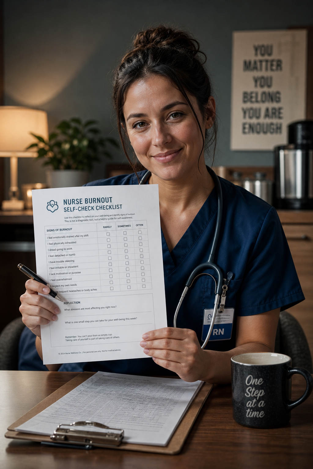 A nurse holding a printed checklist PDF with a pen, smiling in a calm break room, with a clipboard and coffee cup. Cinematic lighting. Alt: nurse burnout checklist pdf being used by a healthcare professional.
