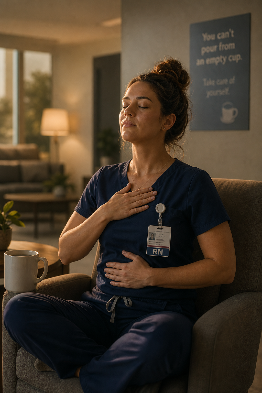A nurse practicing deep breathing in a quiet hospital lounge, eyes closed, hands on chest. Cinematic warm light. Alt: nurse using breathing technique from burnout checklist pdf.