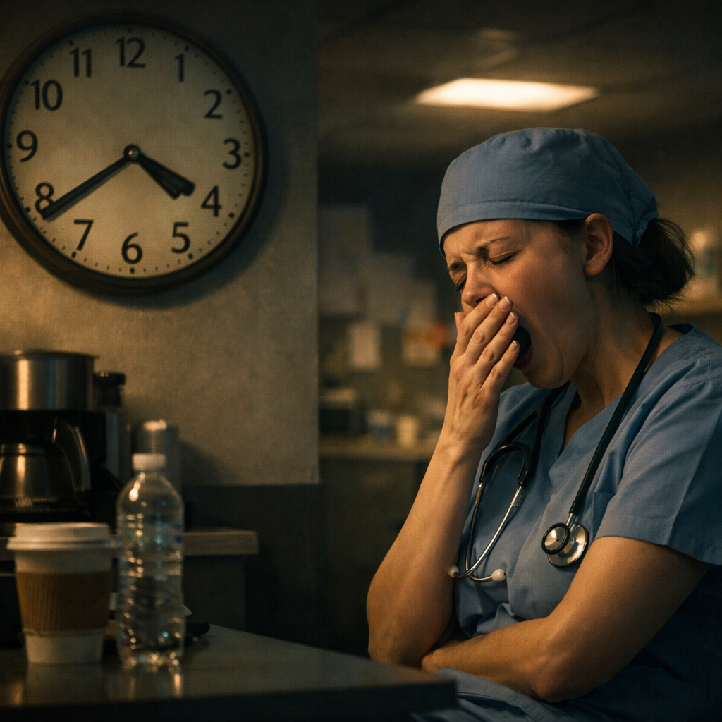 A cinematic style illustration of a nurse noticing fatigue, yawning on a hospital break room, showing a clock and dim lighting. Alt: nurse physical fatigue early warning sign.