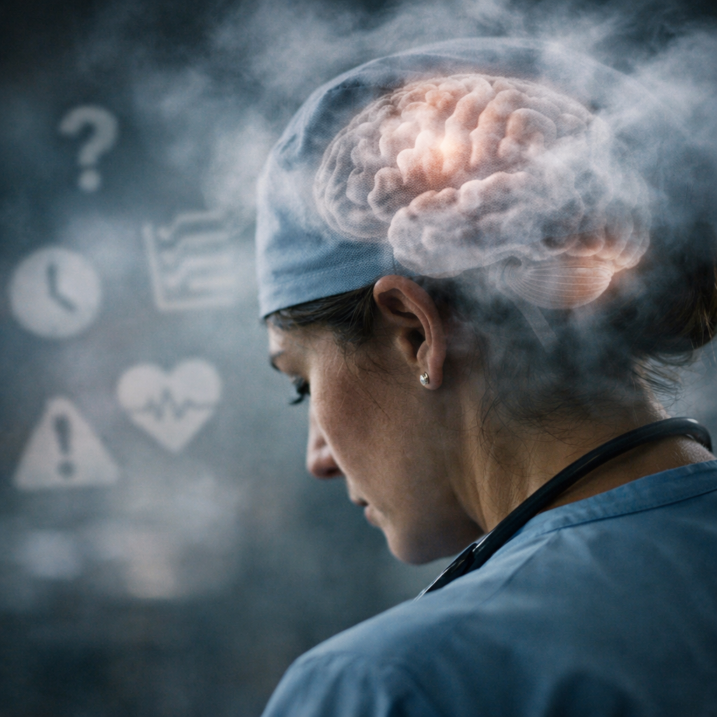 A cinematic style visual of a nurse's brain with fog, decision‑making icons blurred, representing cognitive decline. Alt: cognitive decline nurse burnout early warning sign.