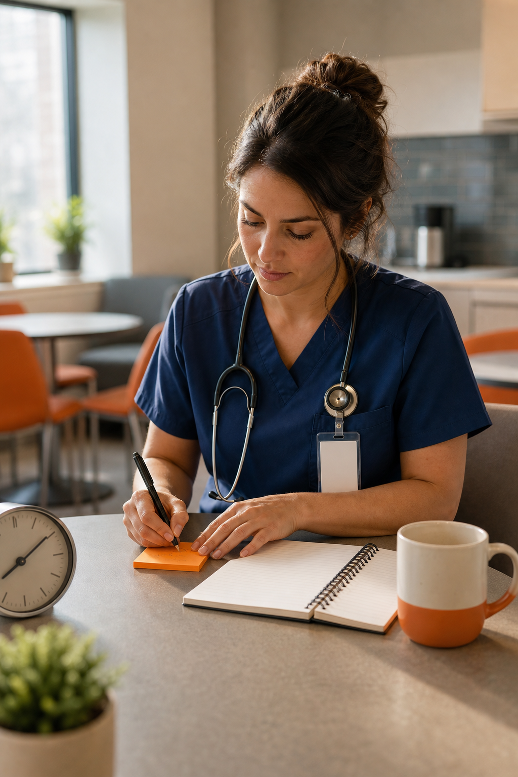 A cinematic scene of a nurse writing wellness goals on a sticky note in a bright hospital break room, showing a notebook, a clock, and a calm atmosphere. Alt: nurse setting clear wellness goals on a sticky note in a hospital break room