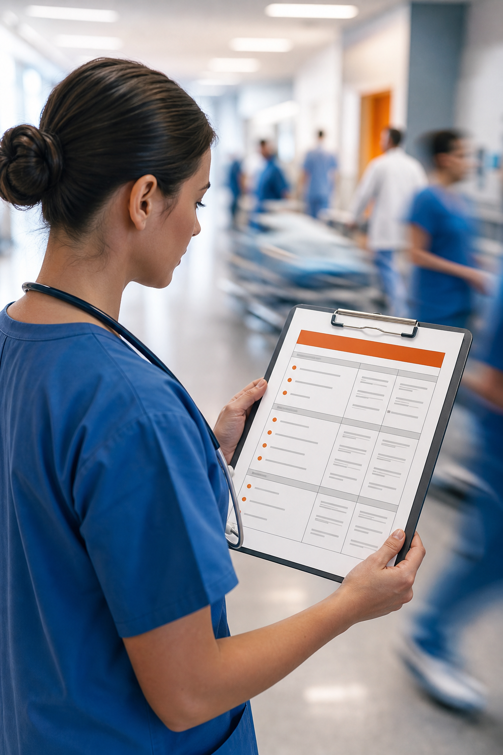 A cinematic illustration of a nurse holding a printed action‑plan PDF on a clipboard in a bustling hospital corridor, with bright lighting and subtle motion blur. Alt: nurse reviewing an action plan PDF on a clipboard in a hospital hallway