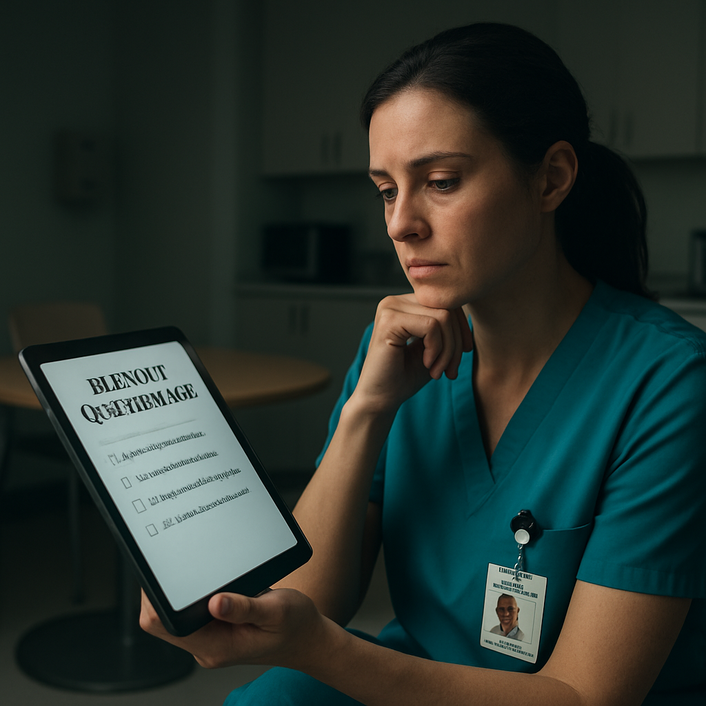 A calm hospital break room with a nurse holding a tablet, looking thoughtful while reviewing a burnout questionnaire on screen. Alt: Nurse reviewing burnout questionnaire for self‑assessment