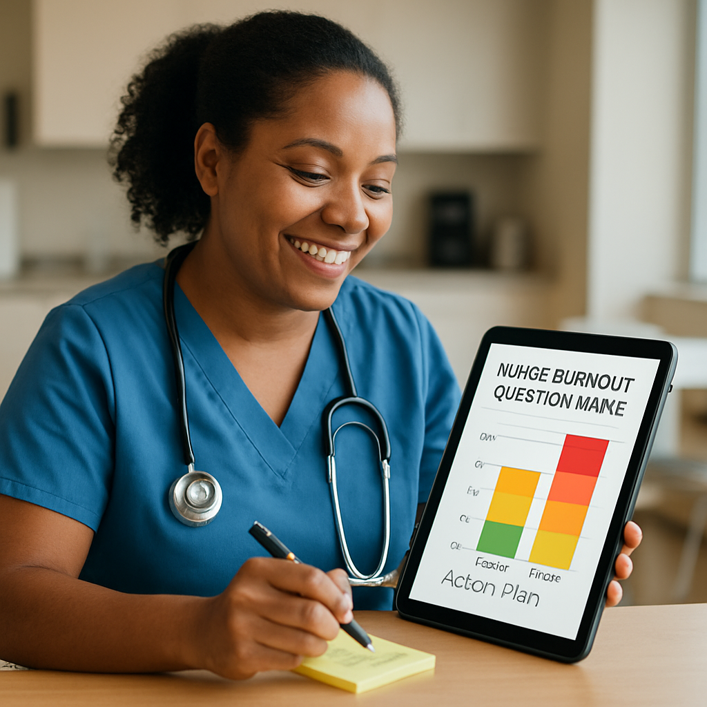 A nurse in a bright break‑room holding a tablet displaying a nurse burnout questionnaire score chart, smiling as she marks a quick action plan on a sticky note. Alt: nurse using questionnaire data to create actionable interventions