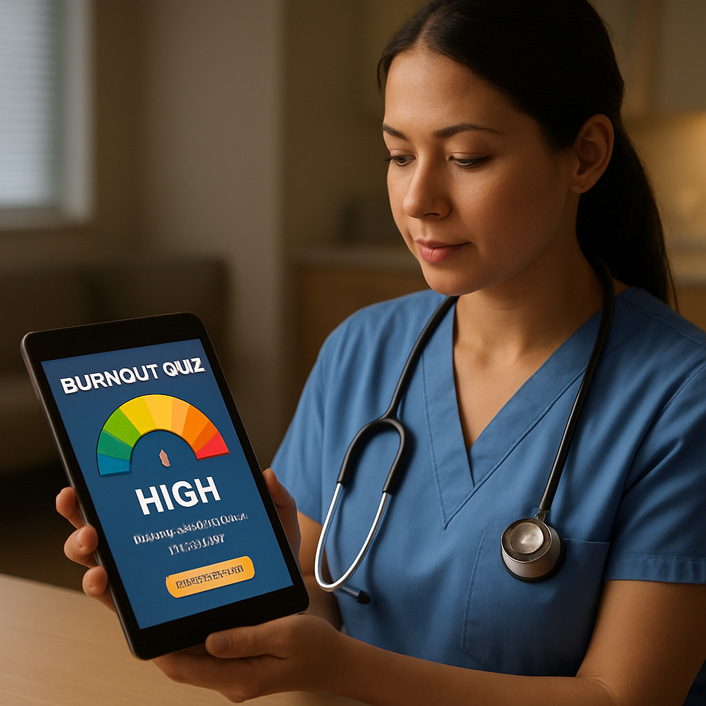 A nurse in scrubs checking a tablet with a colorful burnout quiz result screen, soft lighting, calm hospital break room. Alt: nurse reviewing burnout quiz results on tablet