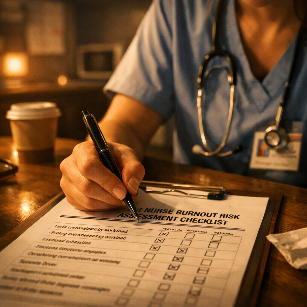 A cinematic style illustration of a nurse filling out a paper checklist in a quiet break room, warm lighting, focus on the hand writing, alt: nurse burnout risk assessment checklist data collection