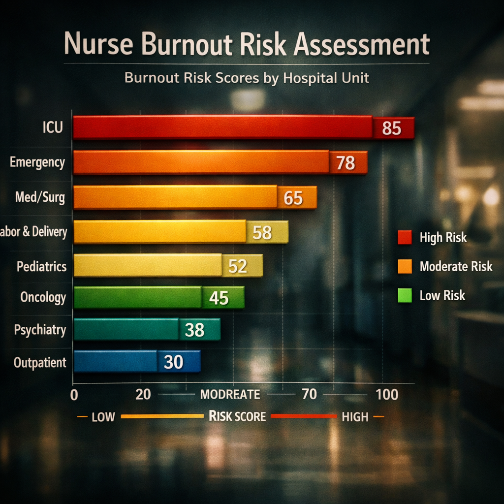 Cinematic style bar chart visualizing nurse burnout risk scores by hospital unit, clean fonts, alt: nurse burnout risk assessment checklist results visualization