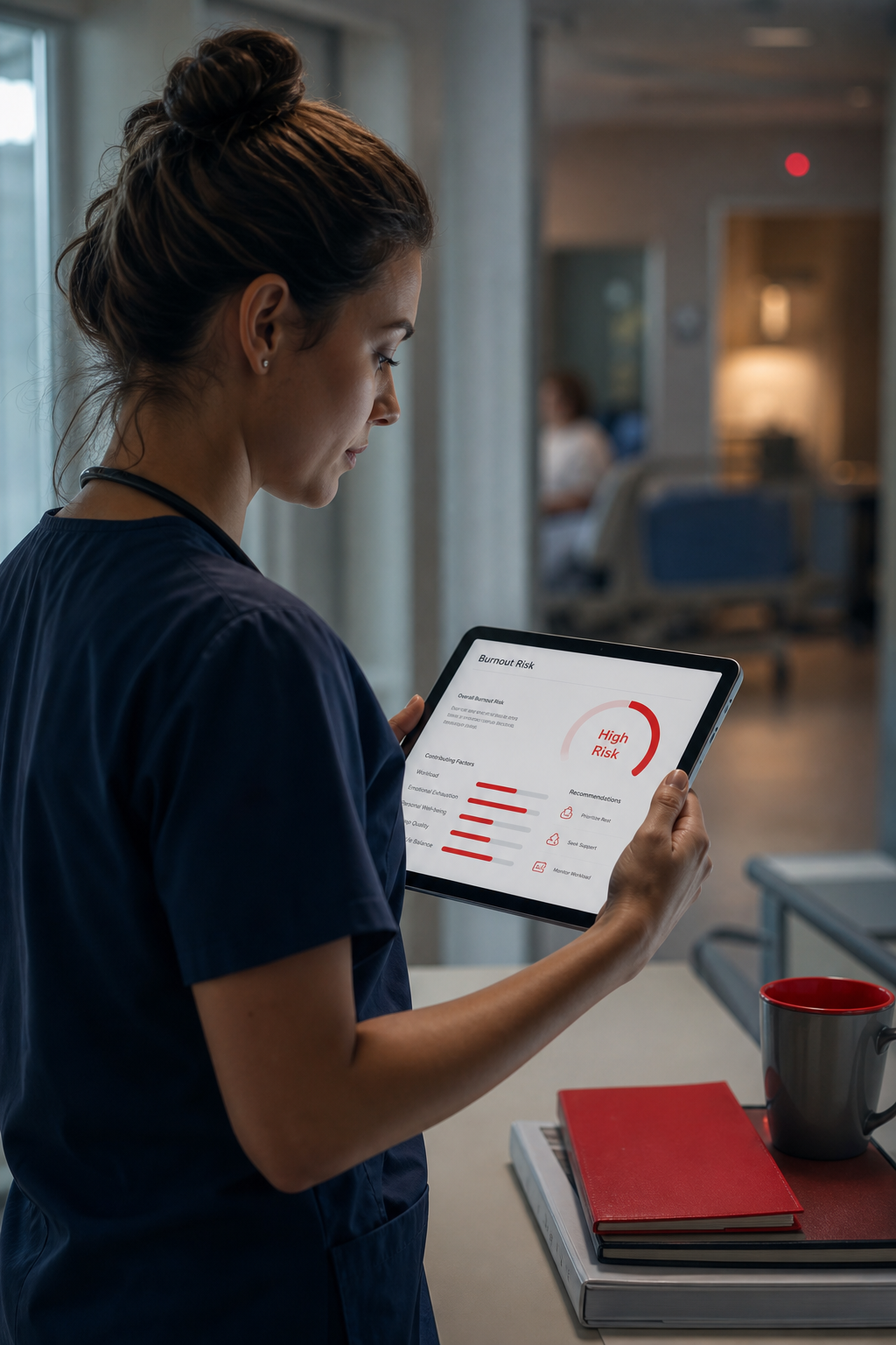 A cinematic scene of a nurse reviewing a digital burnout risk calculator on a tablet, with a calm hospital backdrop. Alt: nurse using burnout risk calculator