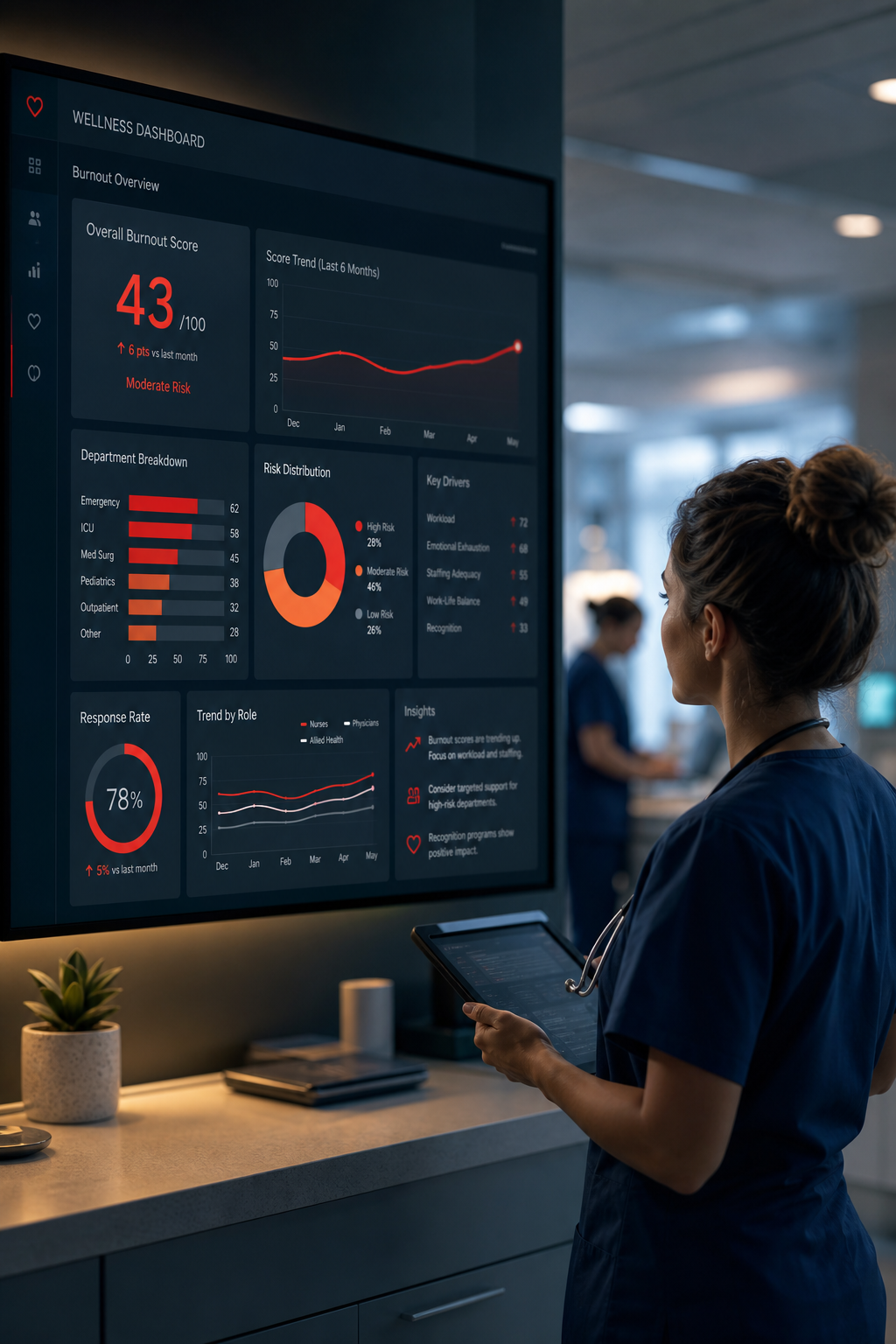 A cinematic depiction of a hospital wellness dashboard showing aggregated burnout scores and trends for staff. Alt: hospital wellness program monitoring nurse burnout