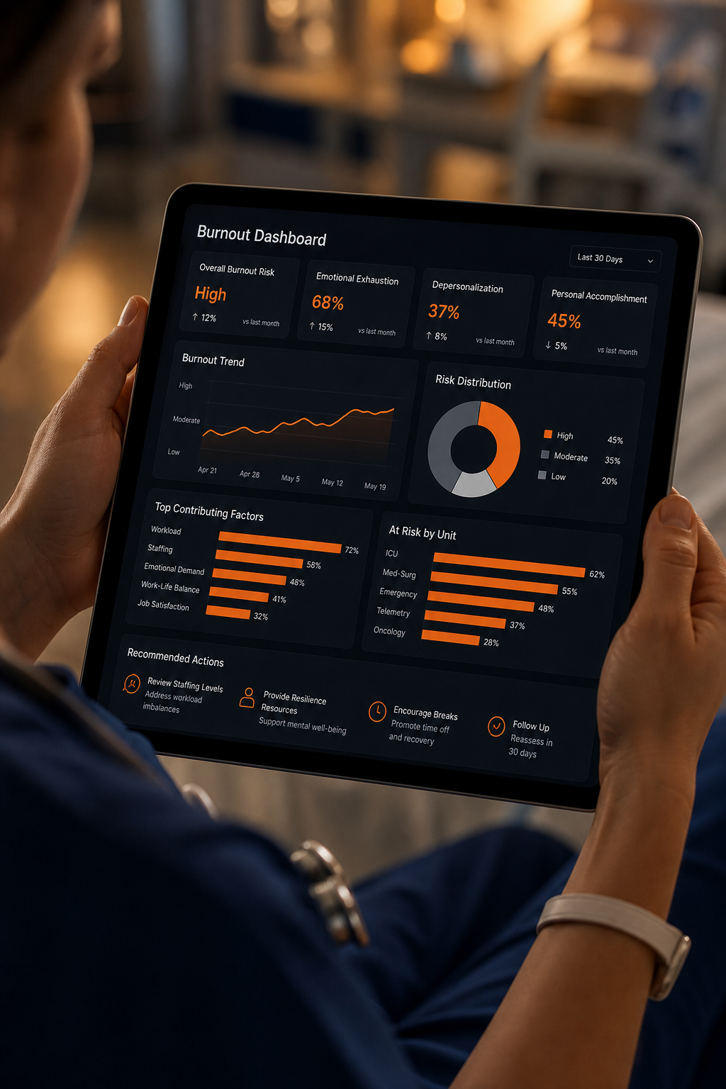 A cinematic close‑up of a nurse’s hands holding a tablet showing a burnout dashboard. Alt: burnout dashboard on tablet.