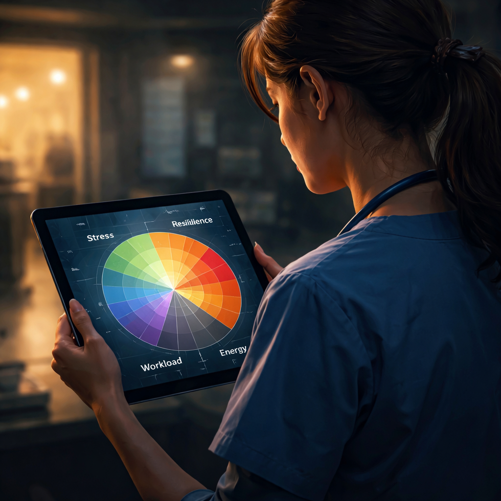A cinematic style illustration of a nurse looking at a colorful radar chart on a tablet, with sections labeled Stress, Resilience, Workload, and Energy. Alt: nurse burnout self assessment visualisation