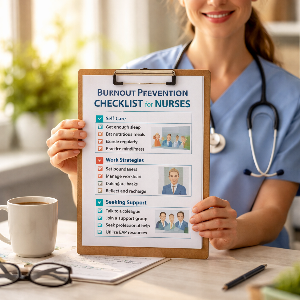 A cinematic style scene showing a nurse holding a printable checklist beside a coffee cup, with a bright office background. Alt: printable burnout resources for nurses