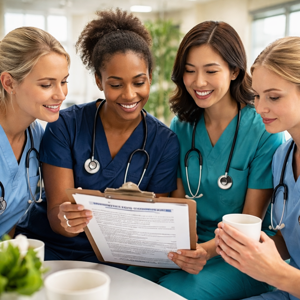 A cinematic style scene of nurses gathered around a clipboard, reviewing a printed questionnaire in a bright hospital break room. Alt: nurse resilience questionnaire free pdf administration visual