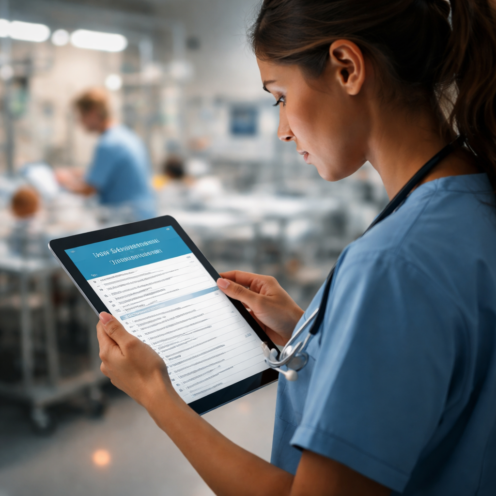 A cinematic style illustration of a nurse in a specialized unit (ICU or pediatric) reviewing a customized questionnaire on a tablet. Alt: nurse resilience questionnaire free pdf customized for specialty units