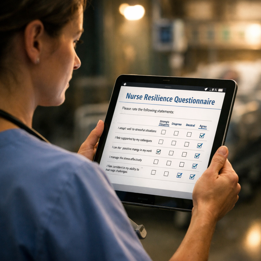 A cinematic style scene of a nurse holding a tablet displaying a short questionnaire, soft hospital lighting, alt: nurse resilience questionnaire pdf on tablet
